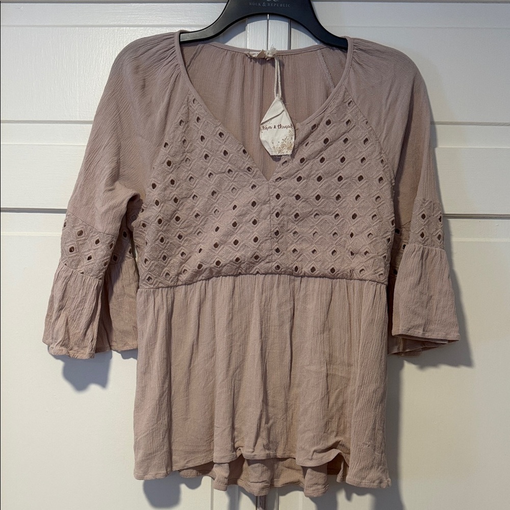 Hem & thread Beige Eyelet Women’s Blouse Bell sleeves medium